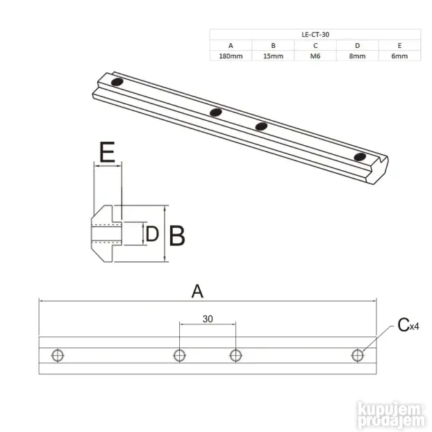 Pravolinijski konektor 180mm za alu profil 30x30