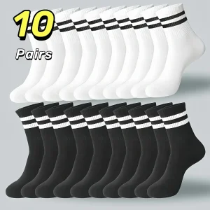 10 Pairs Striped White Mid-Calf Socks for Men