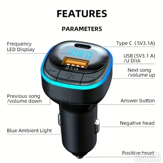 FM transmiter C33 USB, PD, QC 3.0 Bluetooth 5.0, RGB, handsf