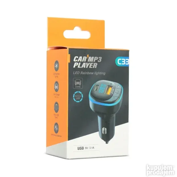 FM transmiter C33 USB, PD, QC 3.0 Bluetooth 5.0, RGB, handsf