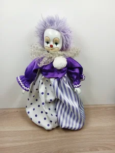 Vintage porcelanska lutka klovn -Pierrot Jester Ljubičasta