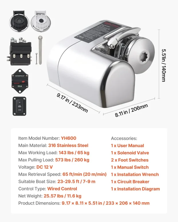 Horizontalni Ribolovni Vinč Za Sidro 600W Za 260kg vv