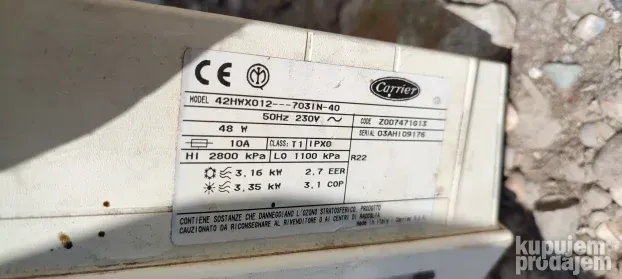 unutrasnja jedinica carrier 42hwxo12n od klime carrier 12000