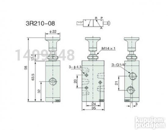 Pneumatski razvodnik ručni dugme 3/2 G1/4 (oko 12.7mm)