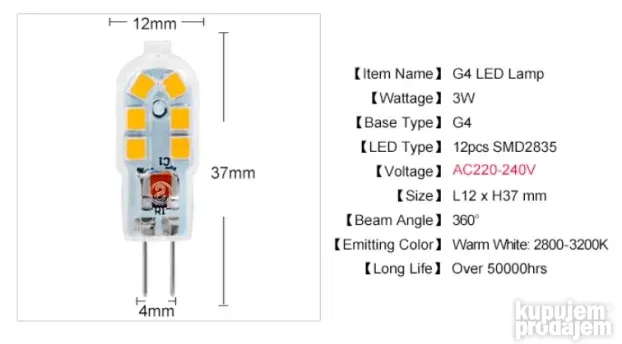 Sijalica G4 LED 3W 12V 3000K Dimabilna, zamena za halogenu