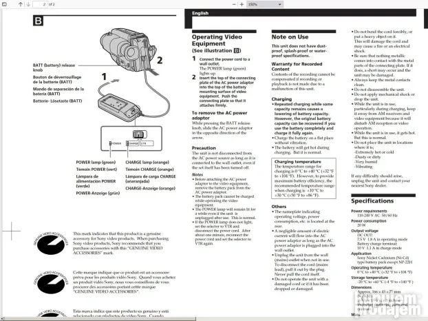 Punjač adapter ORIG SONY AC-V16A za KAMKORDERE KAMEREodličan