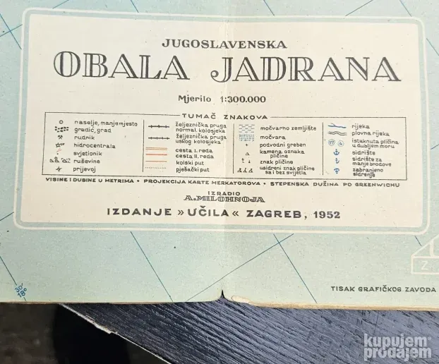 Karta Jugoslovenske obale "Učila" Zagreb 1952 godina