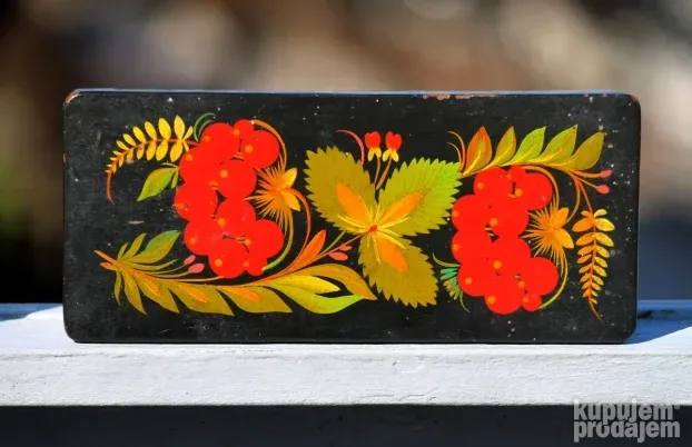 Vtg RUSKA drvena kutija ručno oslikana pretinac za rukavice