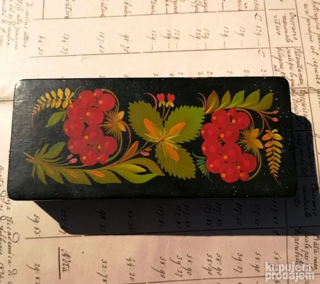 Vtg RUSKA drvena kutija ručno oslikana pretinac za rukavice