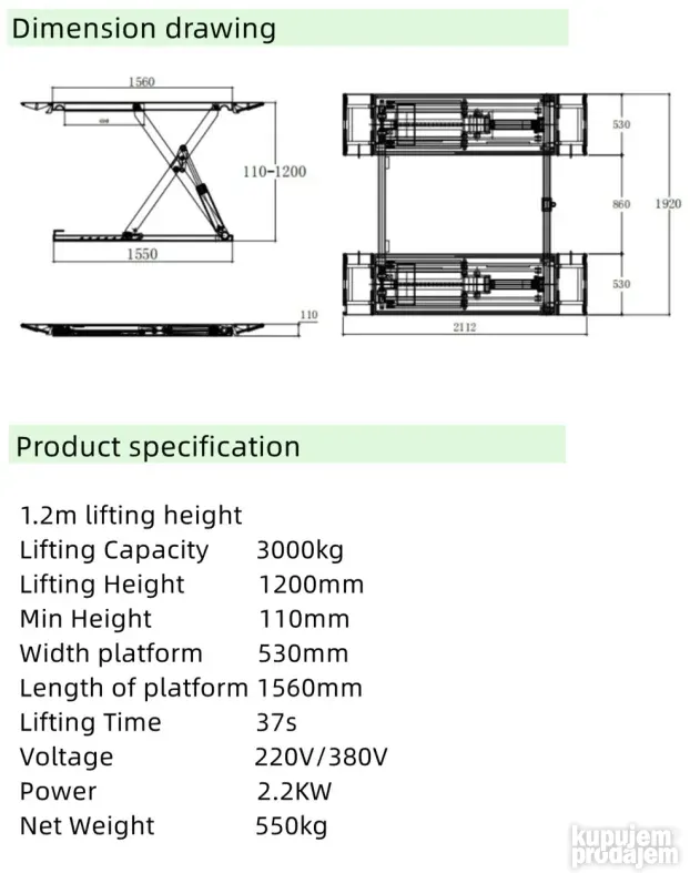 Makazasta dizalica 1200mm 3t mobilna