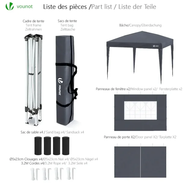Vounot 3mx3m PopUp sklopivi šator sa stran. i torbom, siva
