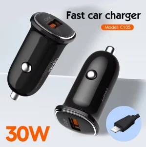 Auto punjac LDNIO C105, QC3.0, 30W USB Lightning - Crna