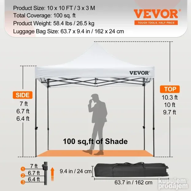 VEVOR 3,048 x 3,048 m Pop Up Šator beli
