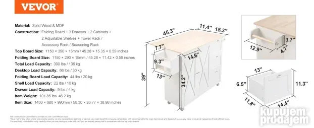 VEVOR Kuhinjsko ostrvo na točkovima 7
