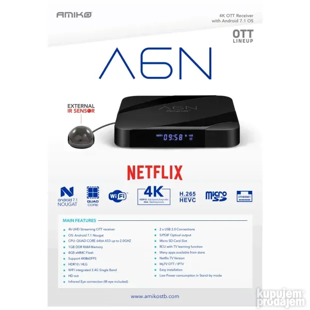 A6N Prijemnik IPTV, Android, Netflix, 1 GB/8 GB, 4K, WiFi