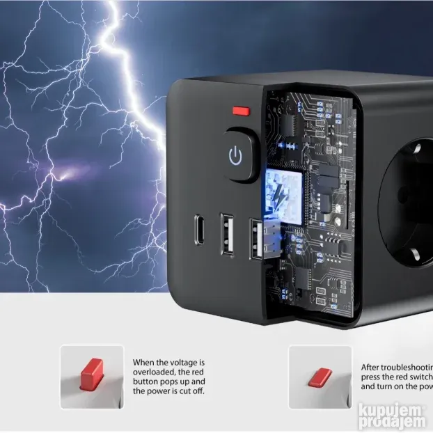 Uticnica Lopov Kocka 16A / 3 Sukoa, 7-u-1 3xUSB 1xC