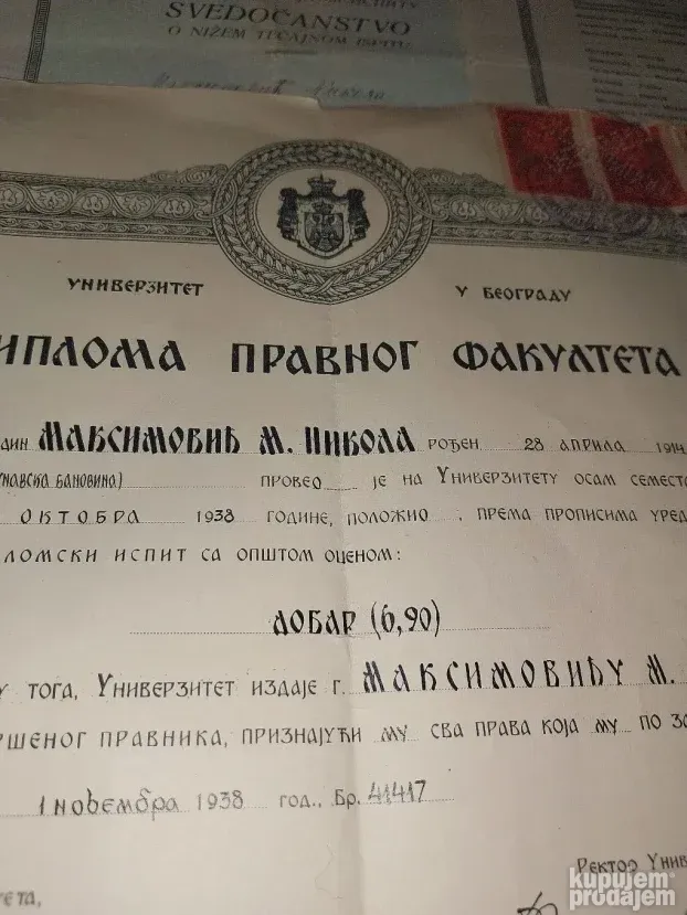 Kraljevina Diploma Pravnog Fak. Indeks i ostalo!