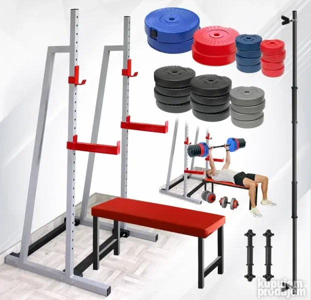 Stalak za tegove + Klupa 117cm/ Tegovi 118kg 2+1 šipka