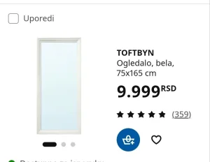 IKEA TOFTBYN ogledalo 75x165 cm – belo, odlično stanje