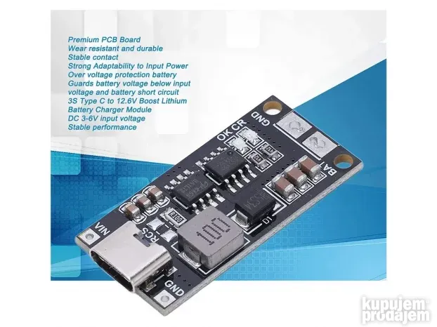 DC-DC Step Up modul za 3 18650 baterije 12.6V 2A USB-C