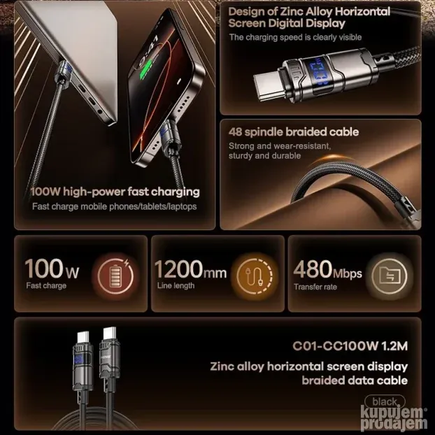 Kabel Remax C01 ZINC Alloy braided Type C na Type C 100w