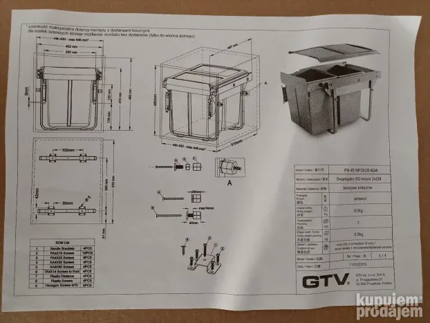 Kanta za smece ugradna 450mm 2x20L GTV-okov za namestaj