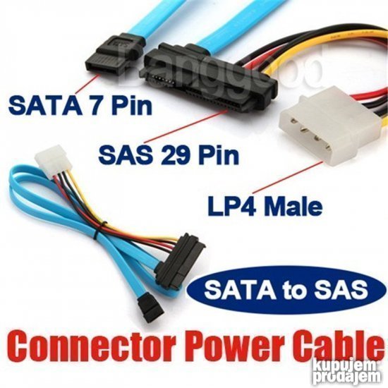 SAS 29pin SCSI na SATA 7pin kabl, sa LP4 4pin molex-om