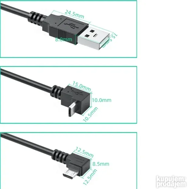 Mikro USB kab 25cm 50cm 1m pod uglom gore dole levi desni