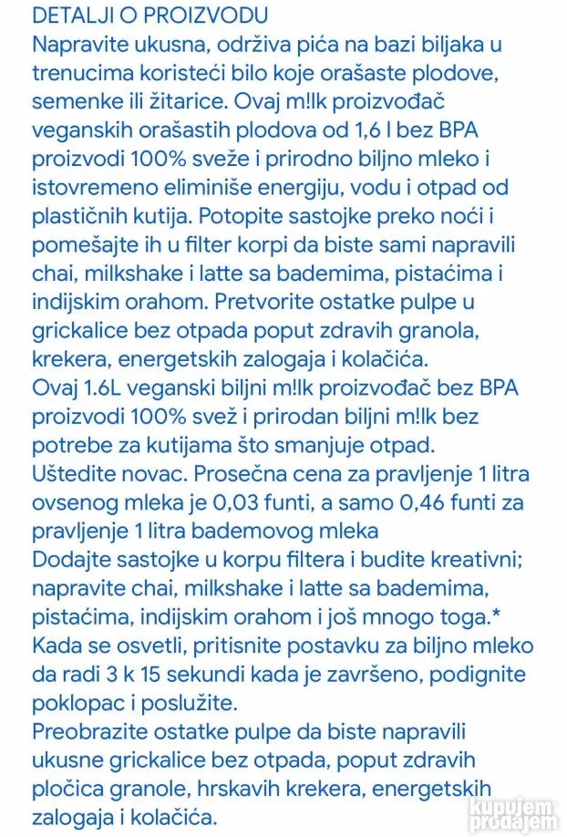 Plant milk maker Aparat za pravljenje biljnog mleka