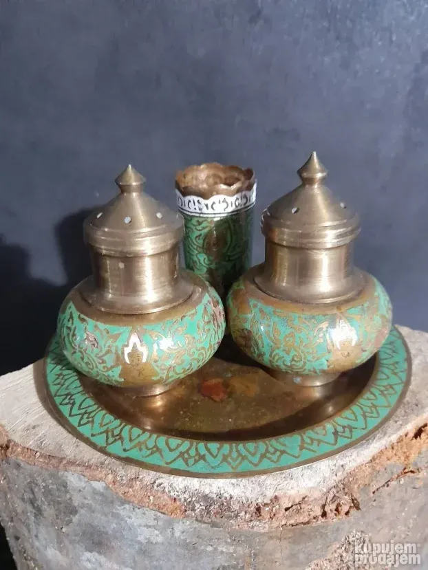 Stari Tibet set za so i biber mesing cloasonne odlican