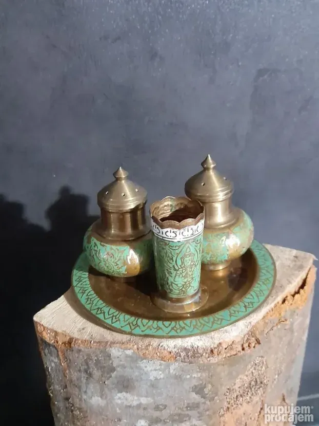 Stari Tibet set za so i biber mesing cloasonne odlican