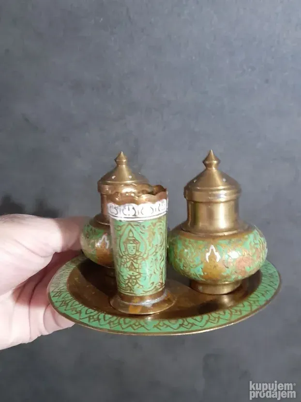 Stari Tibet set za so i biber mesing cloasonne odlican