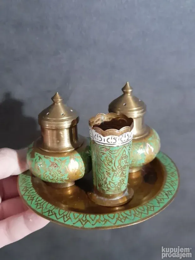 Stari Tibet set za so i biber mesing cloasonne odlican