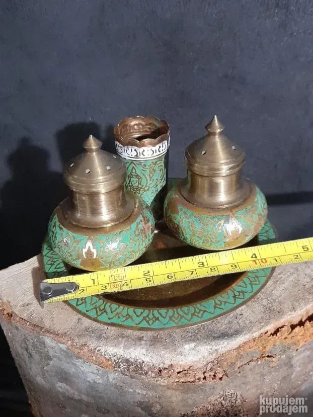 Stari Tibet set za so i biber mesing cloasonne odlican