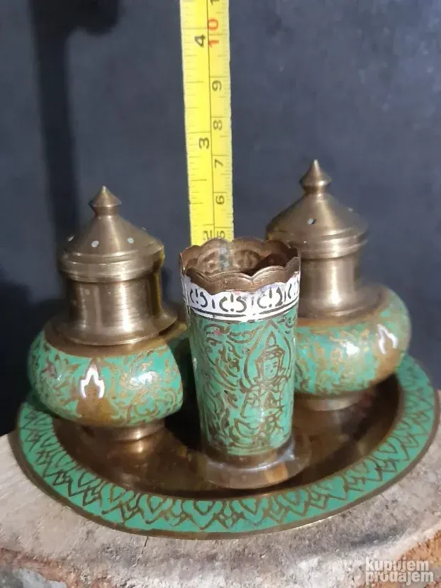 Stari Tibet set za so i biber mesing cloasonne odlican