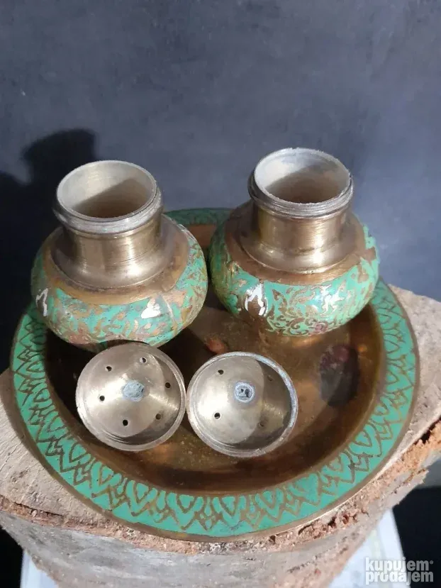 Stari Tibet set za so i biber mesing cloasonne odlican