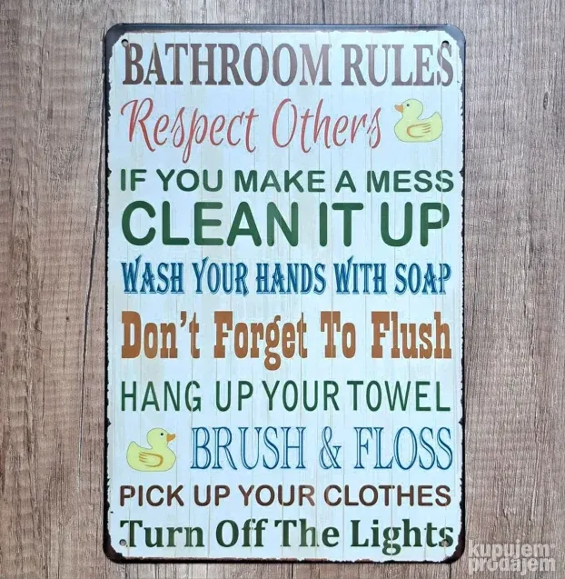 Metalna tabla BATHROOM RULES br.2