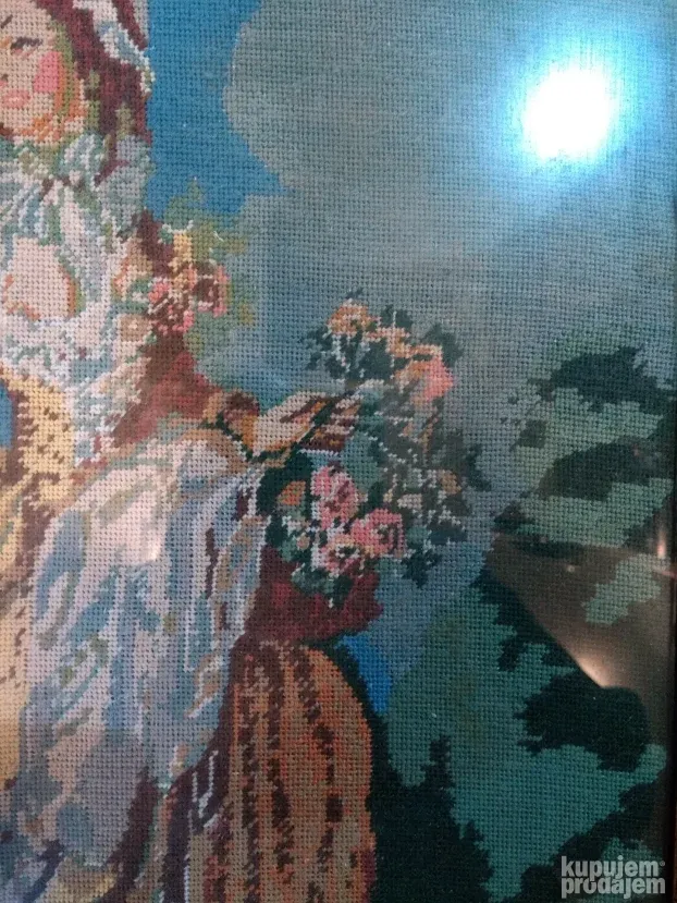 Goblen, uramljen,Devojka sa cvećem, 38x50