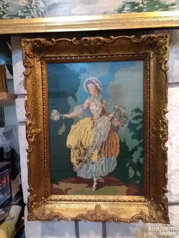 Goblen, uramljen,Devojka sa cvećem, 38x50