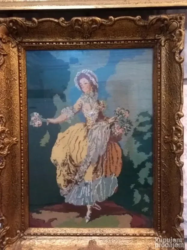 Goblen, uramljen,Devojka sa cvećem, 38x50