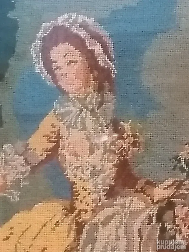 Goblen, uramljen,Devojka sa cvećem, 38x50