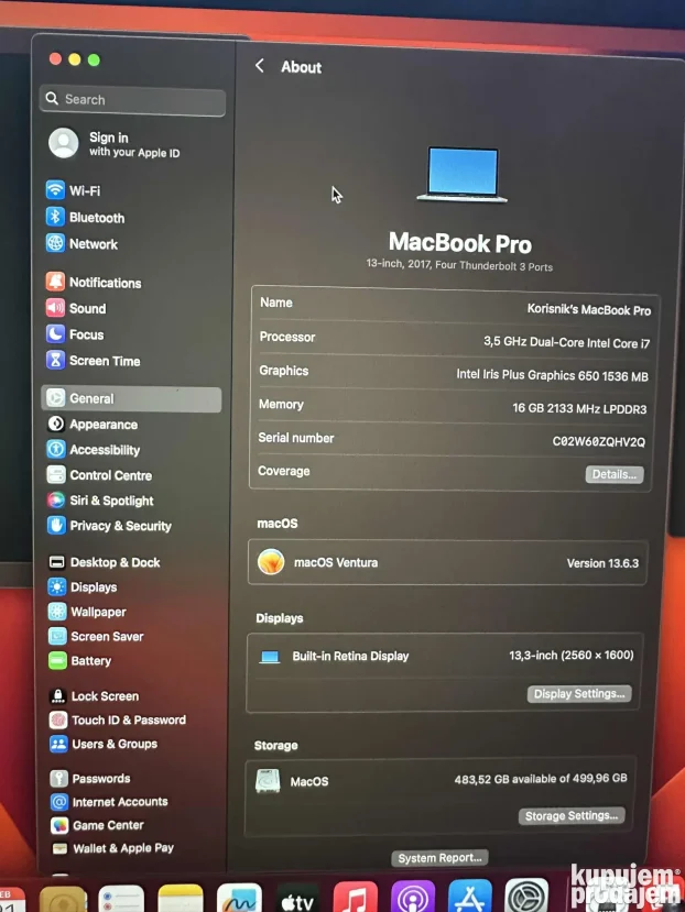 Macbook pro 13 2017 I7 / 16Gb / 500Gb space gray