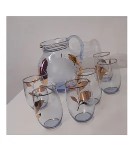 Vintidž set bokal i 6 čaša floral/gold