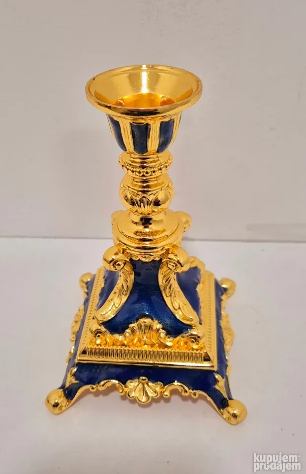 Prelep Ruski raskosni pozlaceni svecnjak sa emajlom - Plavi