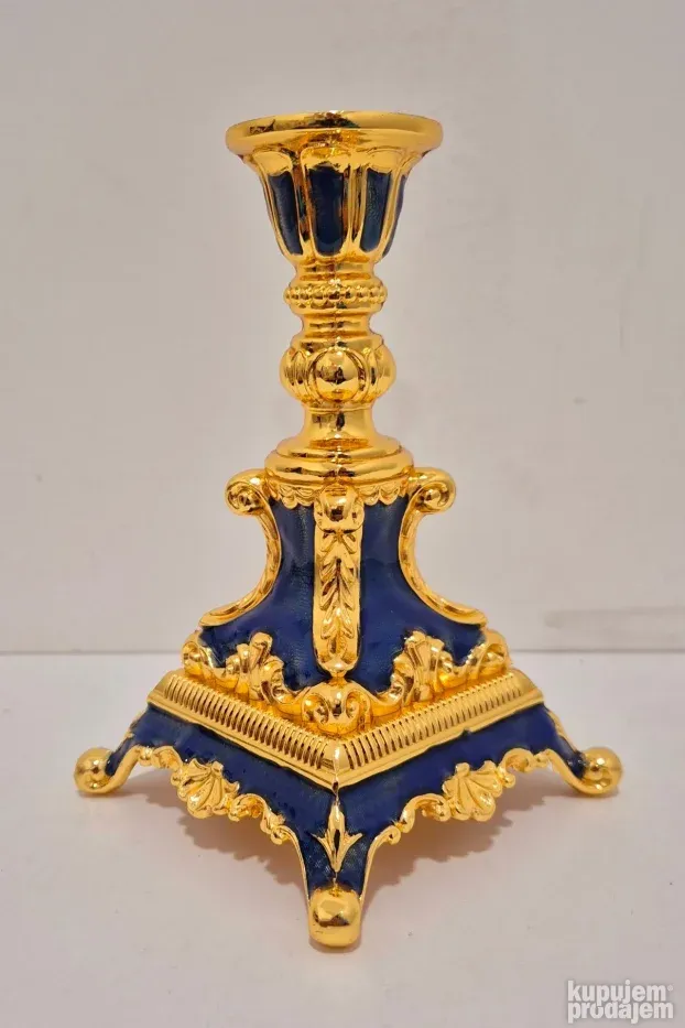 Prelep Ruski raskosni pozlaceni svecnjak sa emajlom - Plavi