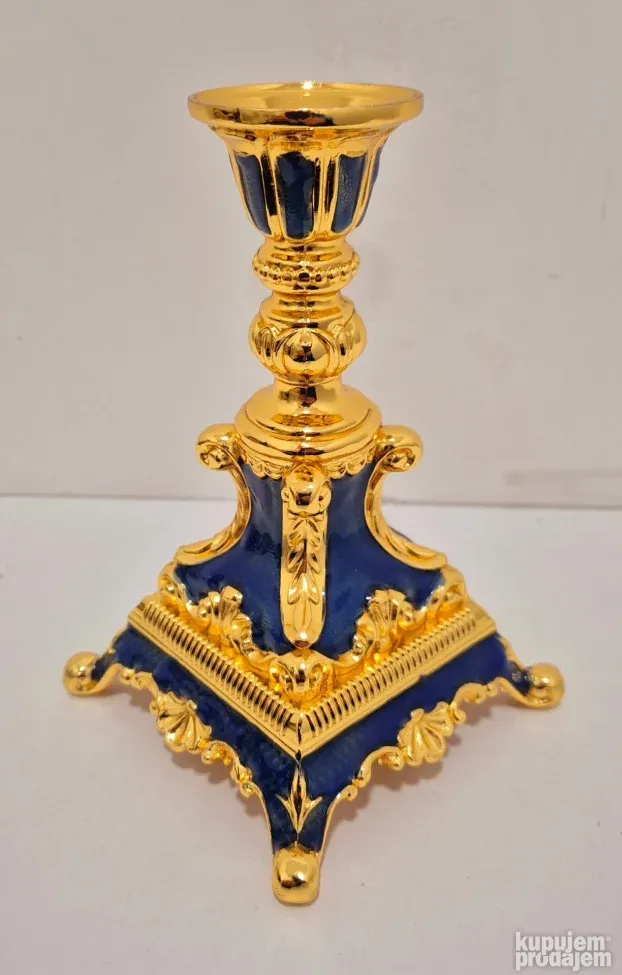 Prelep Ruski raskosni pozlaceni svecnjak sa emajlom - Plavi